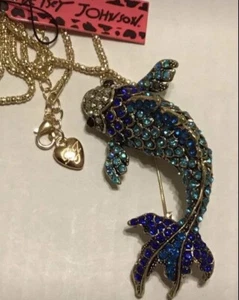 Betsey Johnson Crystal Rhinestone Koi Fish 3” Pendant Necklace Pin Blue - Picture 1 of 3
