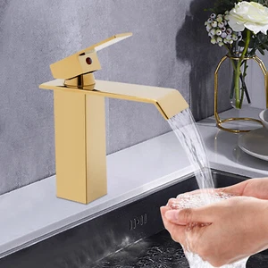 Grifo de lavabo cascada grifo dorado baño lavabo mezclador NUEVO - Imagen 1 de 14
