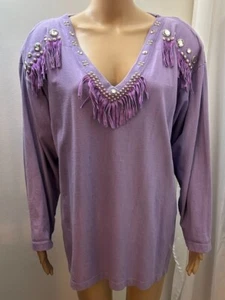 PACIFIC ID VTG 80s Women's OS* Purple Top w/Faux Suede Fringe Rhinestone & Studs - Picture 1 of 16