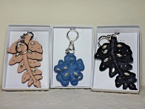 NWT Michael Kors Crystal LG Fern Key FOB/Jewelry Flower Leather Charms,Den/Blk/B - Picture 1 of 7