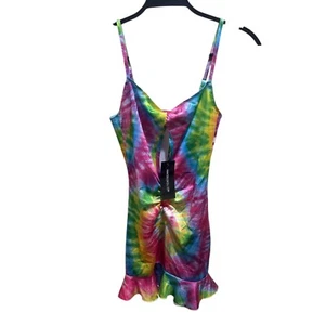 Dolls Kill Club EXX Women Size S Rainbow Color Tie Dye Front Slit Mini Dress NWT - Picture 1 of 7