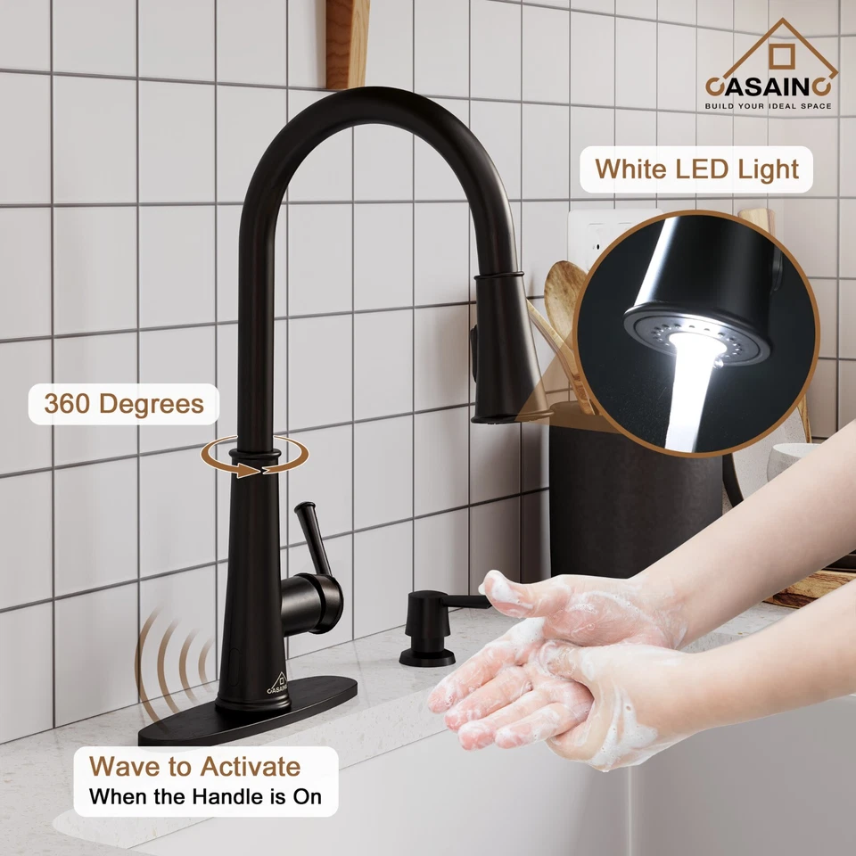 CASAINC Single-Handle Pull Down Sprayer Kitchen Faucet with Touchless Sensor, LED