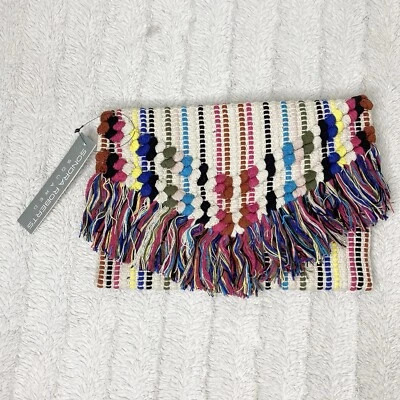 Sondra Roberts Squared Woven Multicolor Clutch Fringe Boho Festival Colorful - Image 1 of 4