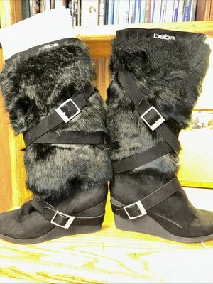 Boots Bebe Black Faux Fur Suede Wedge Heel Buckle Accent Boots Women's Size 10 - Image 1 of 4