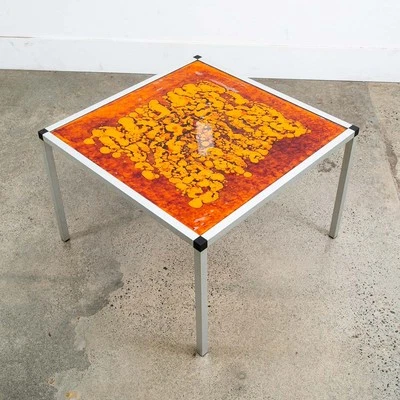 Mid Century Modern Side Table End Orange Yellow Square Mcm Metal Acid Etched 70s - Image 1 of 4