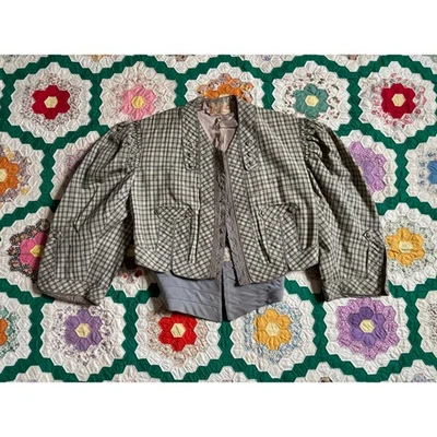 Jaqueta de alfaiataria feminina John Wanamaker antiga da década de 1890 cinza bege xadrez lã COMO ESTÁ - Imagem 1 de 4