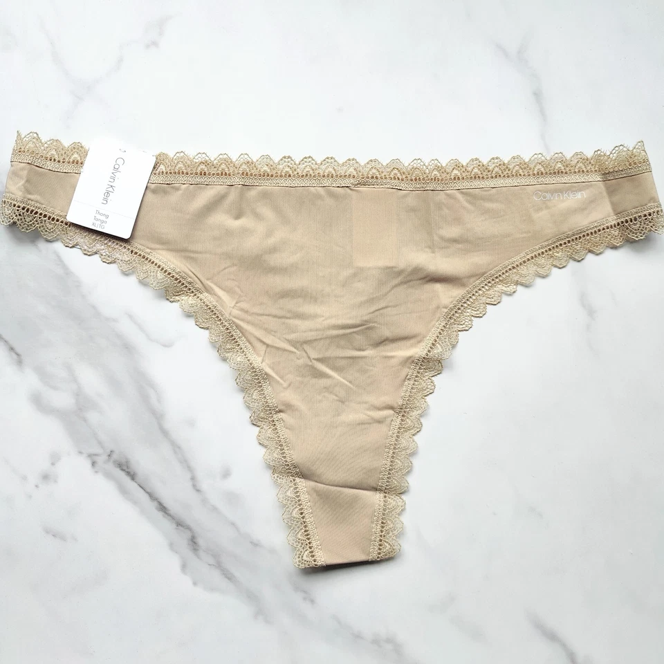 CK Calvin Klein Lace-Trim Thong Panty QD3705 Nude/Beige Size Small