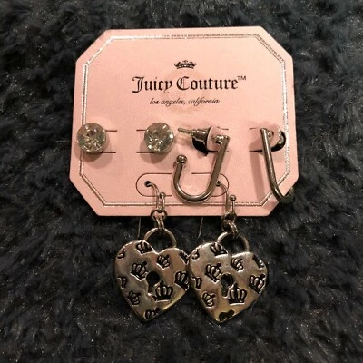 Conjunto de Brincos JUICY COUTURE Tachas de Diamante Coração Medalhão Argolas Prata NOVA Coroa G8 - Imagem 1 de 4