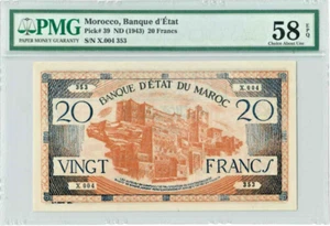 Morocco 1943 20 Francs P#39 PMG 58 EPQ FINEST Known - Picture 1 of 6