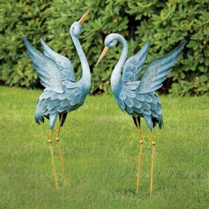 Set of 2 Blue Heron Metal Garden Statues Sculpture Outdoor Pond Patio Yard Decor - Picture 1 of 9