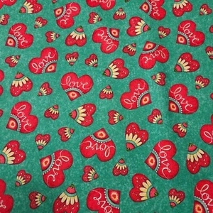 Love Grows Here BTY Quilting Treasure Red Hearts Words on Green - Picture 1 of 3