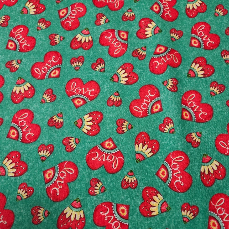 Love Grows Here 2 Pieces Totaling 24" Quilting Treasure Red Hearts Words Green - Image 1 of 3