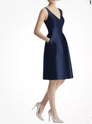 Vestido Alfred Sung Diseñador Talla 6 Azul Medianoche Busto Acolchado Hasta la Rodilla Foto 1 de 4