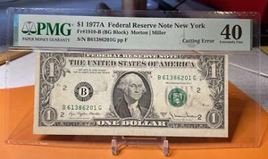 1977-A $1 US Fed Res Note Error( NEW YORK “B”) FR#1910 - PMG 40 - Cutting Error - Picture 1 of 8