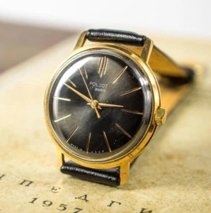 Reloj de lujo ""Poljot", dorado 20 micras, clásico De Luxe, reloj esfera negra - Imagen 1 de 5