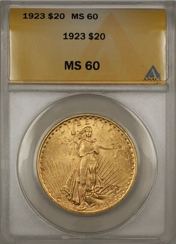 1923 $20 Dollar St. Gaudens Double Eagle Gold Coin ANACS MS-60 BP Cover