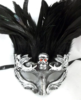 Skull Red Crystal Eyes Black or Silver Feather Masquerade Prom Mask - Image 1 of 4