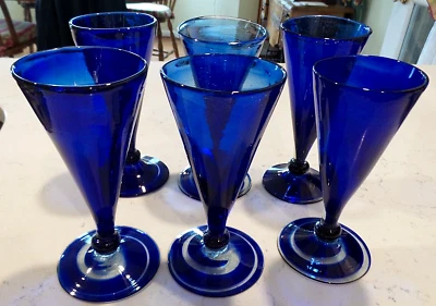 6 Murano Art Glass Cobalt Blue Swirl on base Hand-blown Wine Glasses 7"h - Image 1 of 4