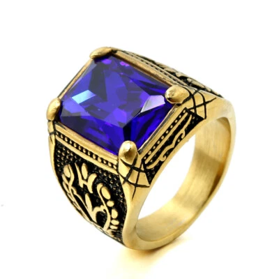 男式印章戒指不锈钢复古方形多色石头鸡尾酒会 — 第 1/4 张图片