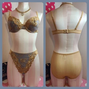 Rare! New Vtg Victoria's Secret Gold Embroidered Bra & Panty Set 34C/sm ✨️ - Picture 1 of 11