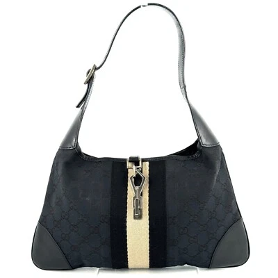 Gucci Jackie Leather GG Canvas Sherry line Black Shoulder Hand Bag Authentic - Image 1 of 4