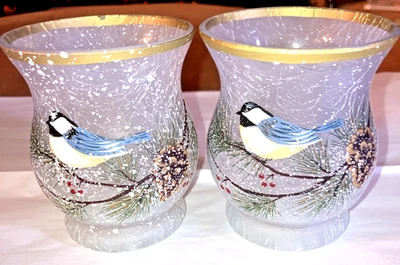 Par de porta té votivo Yankee Candle Crackle Glass Winter Birds Hurricane 2019 Foto 1 de 4