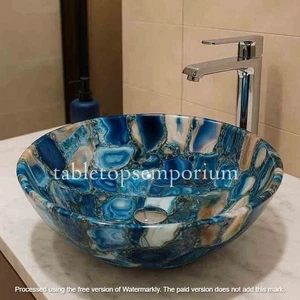 Blue Agate Stone Vessel Sink: Handcrafted Gemstone Basin for Bathroom Accessory - Picture 1 of 5