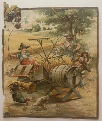 Tarjeta Comercial Victoriana Granja Cosecha Escena Niños Pollos Perro Gallo Tamaño Grande Foto 1 de 2