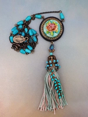 Collar Michal Negrin Turquesa Rosa Camafeo Colgante Cadena Cuentas Victoriano Años 90 Foto 1 de 3