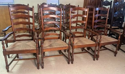 Винтажные 8 французских резных обеденных стульев из ячменя из твердой древесины сиденья из водорослей Rush - Изображение 1 из 4