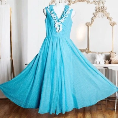 Mameluco Miss Elliette de Colección Años 70 Pequeño Azul Turquesa Blanco Lunares Pierna Ancha Transparente Foto 1 de 4