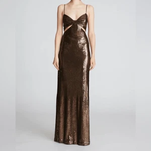 Halston Maxi Gown Womens Size 10 Brown Chloe Sequined Spaghetti Strap V Neck - Picture 1 of 7