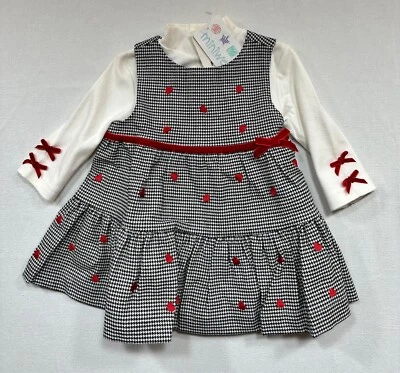 NWT MiniWear White Bodysuit Black White Checked w/Red Hearts Jumper Dress, 3-6mo - Image 1 of 3