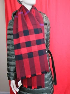 BURBERRY LASH FRINGE GIANT RED WOOL CASHMERE NOVA CHECK EXPLODED SCARF 176X28 CM - Picture 1 of 12