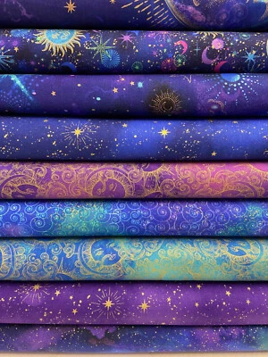Timeless Treasures Cosmos Cotton Fabric by 1/4 Metre* Moon Sun Star Metallic