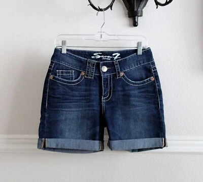 NEW Seven7 Mid-Rise Distressed Dark Wash Blue Denim Shorts size 8P - Image 1 of 3