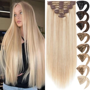 Double Weft Clip In 100% Remy Real Human Hair Extensions Full Head Highlight US - Picture 1 of 128