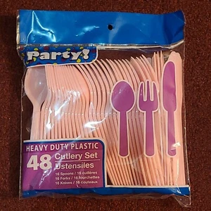 Heavy Duty Plastic Cutlery Set - 16 Spoons, 16 Forks, 16 Knives - Pink 48 Total - Picture 1 of 2