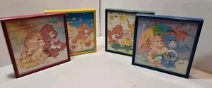 Vtg 4 Care Bear Puzzles In Colorful Frames 7.5" x 7.5" Red, Blue, Yellow & Green - Picture 1 of 13
