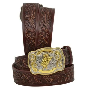 3D Western Boys Belt Kids Leather Floral Tooled Brown D4714 - Picture 1 of 2