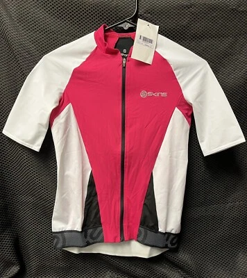 Camiseta deportiva SKINS Cycle para mujer S/S rosa con blanco y negro pequeña nueva con etiquetas Foto 1 de 4