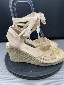Montego Bay Shoes Womens  11W Cream Gold Embroidery Wedge Ankle Wrap  Espadrille - Picture 1 of 15