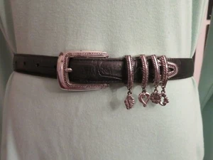 Brighton Black Slim Leather Belt w/Silver Trim & Several Floral Charms Sz M - 30 - Picture 1 of 12