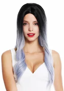 Perücke Damen lang gewellt Mittelscheitel Ombre Schwarz Blau Grau Gesträhnt - Bild 1 von 4