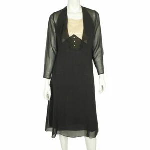 Vintage 1920s Black Silk Chiffon Day Dress with Lace Bib Size Medium - Bild 1 von 6