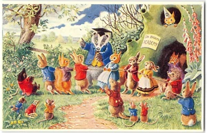 Tug O' War Rabbits Racey hilft Fantasy Illustration Künstler-signierte Postkarte 1950er - Bild 1 von 2