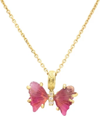 18k Yellow Gold 4.06CT Diamond and Pink Tourmaline Butterfly Pendant Necklace - Image 1 of 4