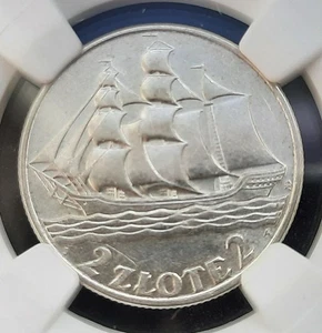 1936 Poland 2 Zlotych Silver Coin, Gdynia Seaport Design, NGC AU58 - Picture 1 of 6