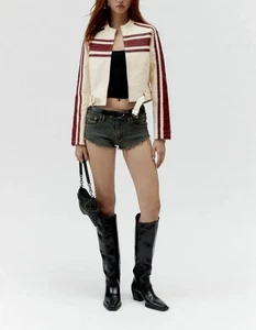 Women's Real Leather Jacket  Moto Cream Red Striped Biker Style Cropped Jacket - Imagen 1 de 14