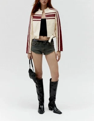 Women's Real Leather Jacket  Moto Cream Red Striped Biker Style Cropped Jacket - Image 1 of 4